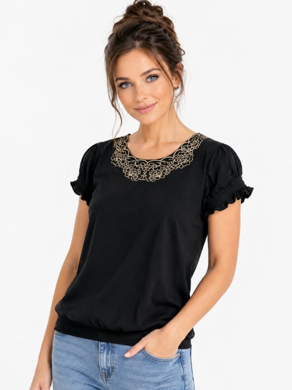 Croft & Barrow Womens Large Black Embroidered Blouse Ruffle Cap Sleeve NWT